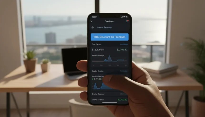Logotipo do X com oferta de 50% off e moedas simbolizando o X Premium pagamento por postagens para criadores.